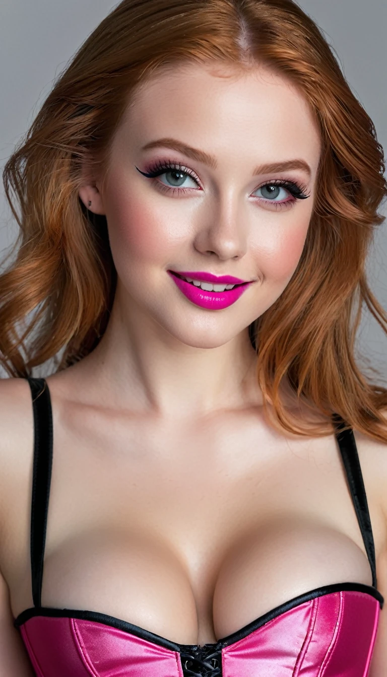hyperrealistic beautiful busty 19-year-old woman with long legs wearing shiny copper-purple corset and white wide-leg pants, model shooting full body photography, ginger very long straight updo hair, soaky wet skin, dark eye makeup with eyeliner, seductive smile, red lips, 8K, Best quality, Meisterwerk, ultra high resolution, (Realismus: 1.4), Originalfoto, (realistische Hautstruktur: 1.3), (Filmkorn: 1.3), (Selfie-Winkel), 1 girl, Beautiful round hazel eyes and facial details, Meisterwerk, Best quality, indoor photography, nsfw