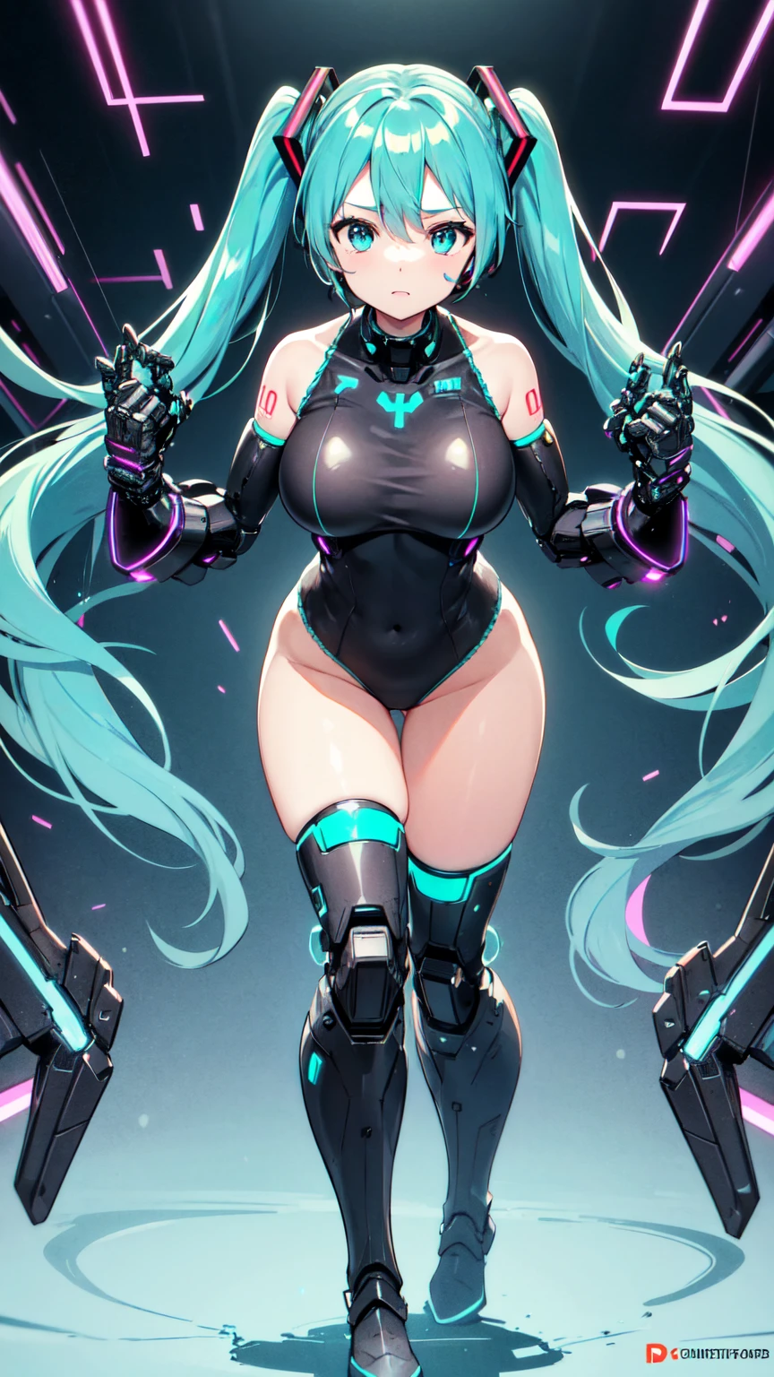 One girl, alone, (hatsune miku), Big Breasts, Aqua Hair, Aqua Eye, Twin tails, Heavy Cybernetic Boots, Heavy Cybernetic Gauntlets, Heavy Cybernetic Leotard, High heels, (Heavy cybernetic visor:1.1), cybernetic face mask, Cybernetic Armor Plating, Machinery Parts, Decided, Glowing neon, Thruster, Armored cooling vents, Android, sf, motorcycle, Mobile Suit, good_face:0.8