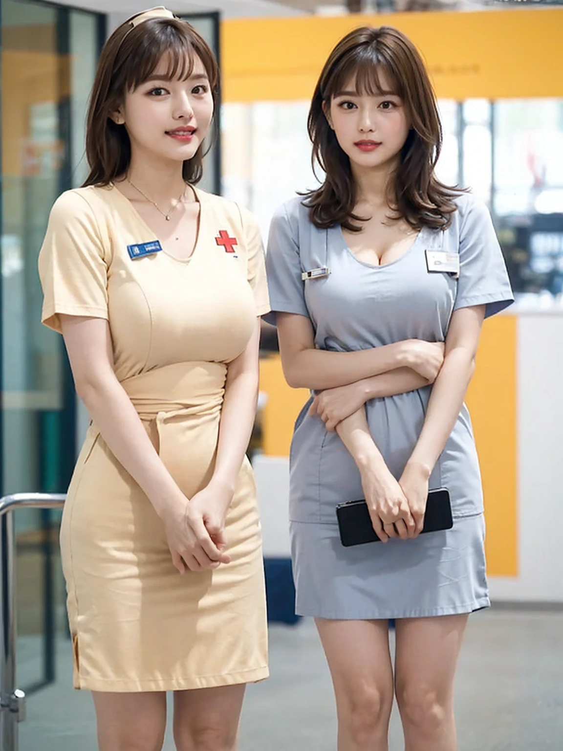 ((best qualiy, 16k, high-definition,master-piece:1.3)), Young beautiful nurse,cinematography,all-body:1.5,focus:1.2, 2 beauties with perfect figures:1.2, skinny waist:1.2,Cocked buttocks:1.2, (( Fashion short straight in distribution:1.5,Big breasts and beautiful breasts:1.2)), (White nurse clothes:1.1,White nurse cap:1.2) , (Peaceful outpatient hall:1.3), Fair and crystal clear skin:1.5,Perfect white thighs:1.2,Fair and rounded calves:1.2,White tender toes:1.2),Fashion brand stiletto heels:1.2,Highly detailed facial and skin texture, detailed eye, Double eyelid,Whitens glowing skin,smiled:1.2,happiness:1.2,Baring teeth,Baring tongue,(urple eyes,Gloss on lips,pores,super-detail,Faces are super realistic and detailed),Wide lighting,natural shading,Sit,Photograph the whole body:1.8