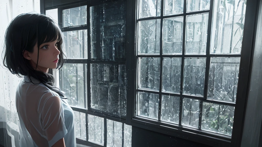 {best quality}, {very aesthetic}, {ultra-detailed}, {8k}, {Super elaborate face}, {Super-smart body},　Wet day, (A woman looking out the window indoors,Behind the scenes), An ennui atmosphere,　Super fine hair, flat chest, 1girl,　Rain outside the window,　back view,