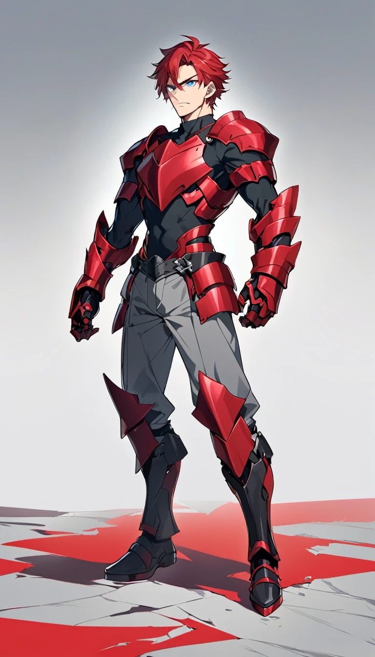 A anime man, short red hair, blue eyes, black t-shirt with armored details, gray pants with armored details, intimidate expression, black shoes, thin body, adult, standing, full body, slightly muscular body, red great gauntlets