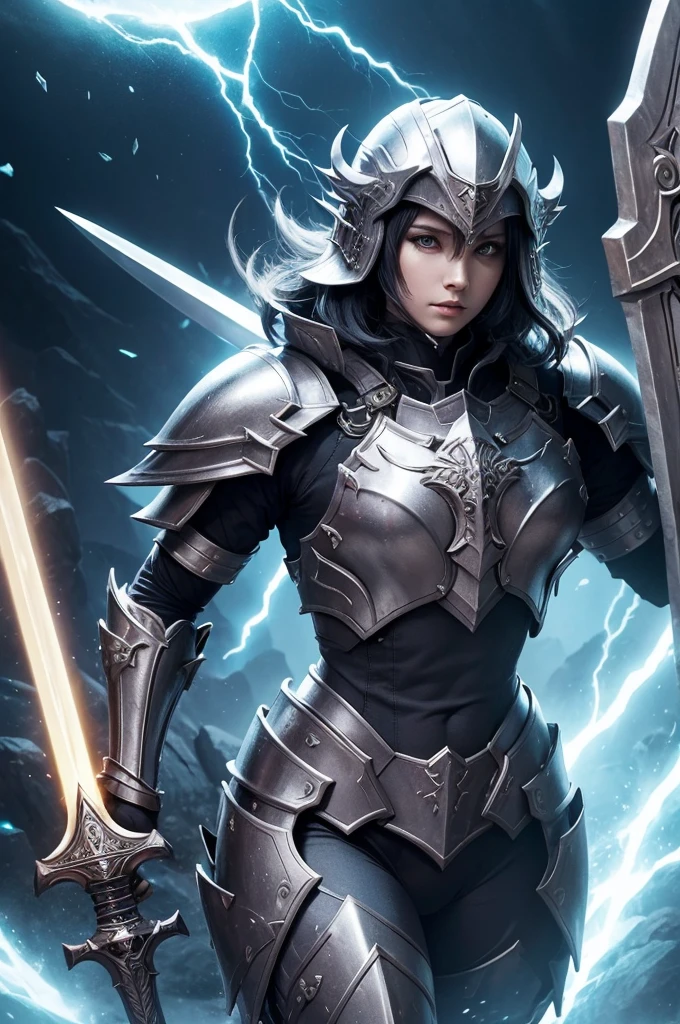 Ferocious monster Seraph with full armor and helmet, with divine sword and divine shield, with immortal power, Super strength, furtive.
