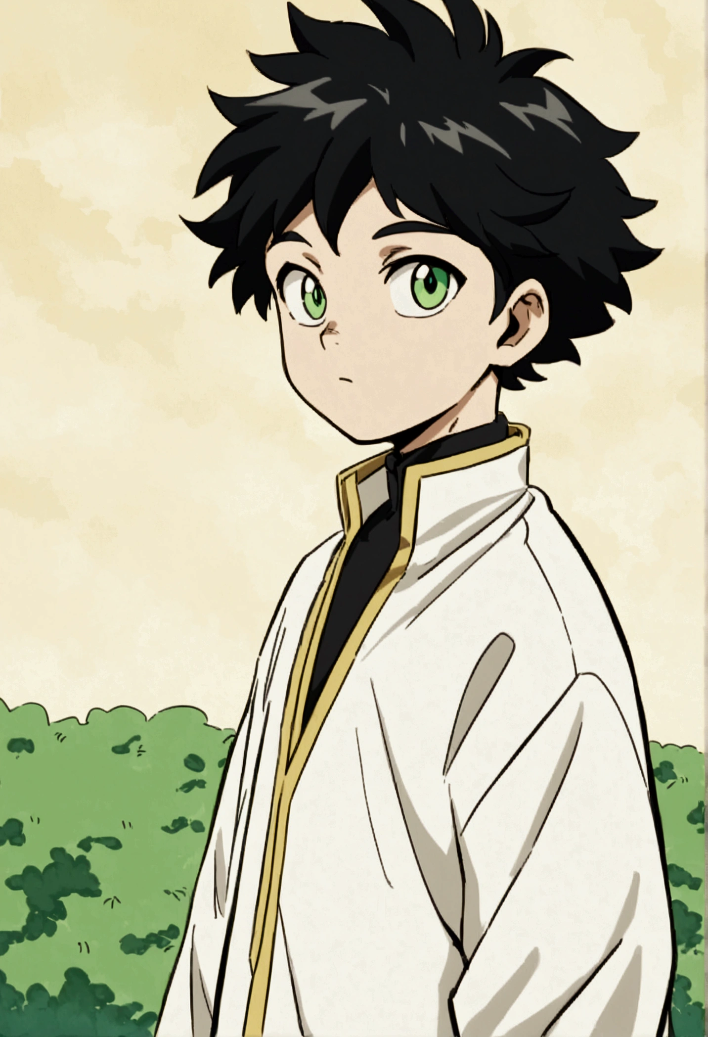  He is a 10 year old ???, He has slightly disheveled very black hair..., somewhat light green eyes, cute ??? , my hero academy art style