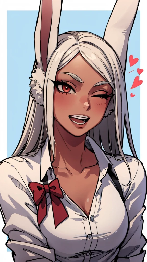 masterpiece,best quality,extreme detail,8k,mirko2,1girl,solo,long hair,looking at viewer,blush,smile,open mouth,shirt,red eyes,bow,animal ears,,collarbone,white shirt,upper body,white hair,heart,one eye closed,teeth,collared shirt,dark skin,bowtie,nail polish,rabbit ears,red bow,dark-skinned female,parted bangs,eyelashes,blue background,border,black nails,white border,rabbit girl,long eyelashes,