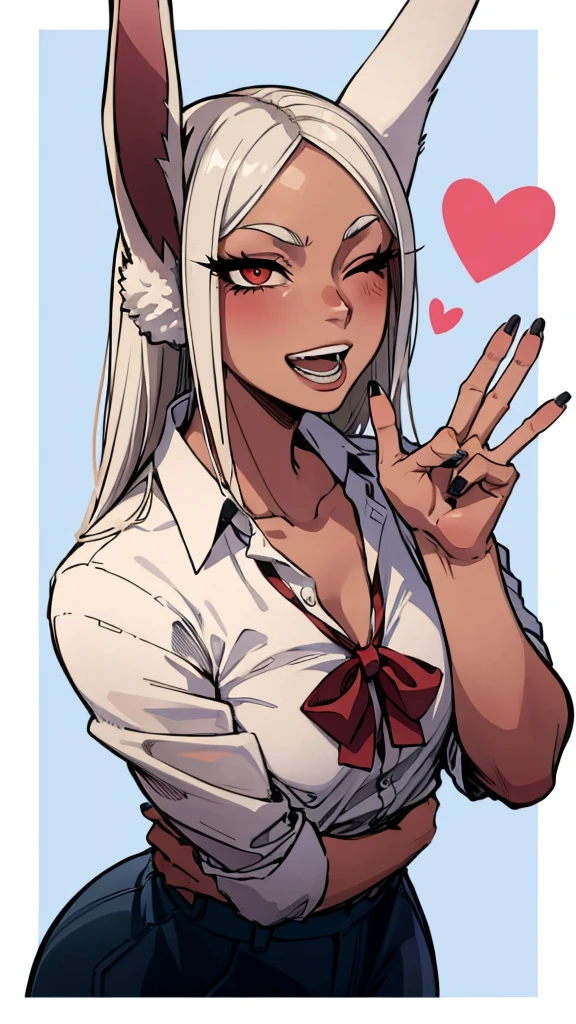 masterpiece,best quality,extreme detail,8k,mirko2,1girl,solo,long hair,looking at viewer,blush,smile,open mouth,shirt,red eyes,bow,animal ears,,collarbone,white shirt,upper body,white hair,heart,one eye closed,teeth,collared shirt,dark skin,bowtie,nail polish,rabbit ears,red bow,dark-skinned female,parted bangs,eyelashes,blue background,border,black nails,white border,rabbit girl,long eyelashes,