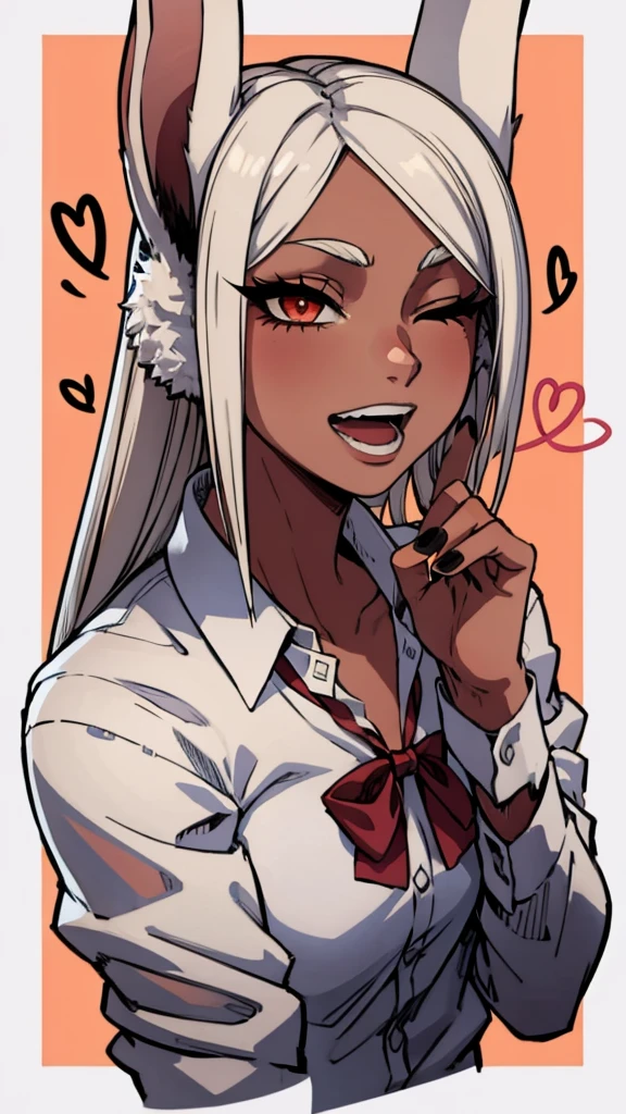 masterpiece,best quality,extreme detail,8k,mirko2,1girl,solo,long hair,looking at viewer,blush,smile,open mouth,shirt,red eyes,bow,animal ears,,collarbone,white shirt,upper body,white hair,heart,one eye closed,teeth,collared shirt,dark skin,bowtie,nail polish,rabbit ears,red bow,dark-skinned female,parted bangs,eyelashes,blue background,border,black nails,white border,rabbit girl,long eyelashes,