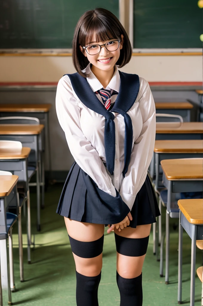 Wearing a miniskirt, Wearing a long-sleeved , Standing in knee-high socks. Black Bob Hair, Wearing glasses, Very large breasts, O cup or larger, Smiling Face, School classroom, nsfw, Sophisticated atmosphere. The images are of the highest quality, Highly detailed realism and vibrant colors. Lighting is perfectly balanced, Creates a professional and sophisticated look.