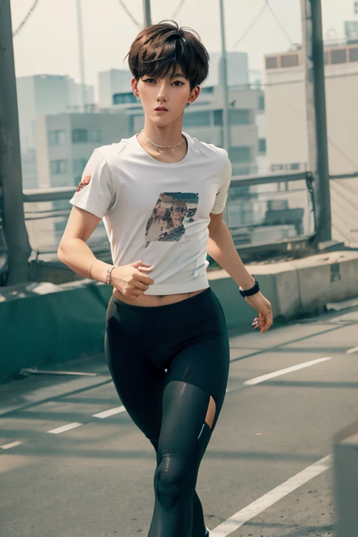 Young man wearing leggings,t shirt,long legs, thick thighs, large wide hips, thin and narrow weist, big large feminine bre-asts , very small spikey boyish haircut , penis bulge , running court , bearded