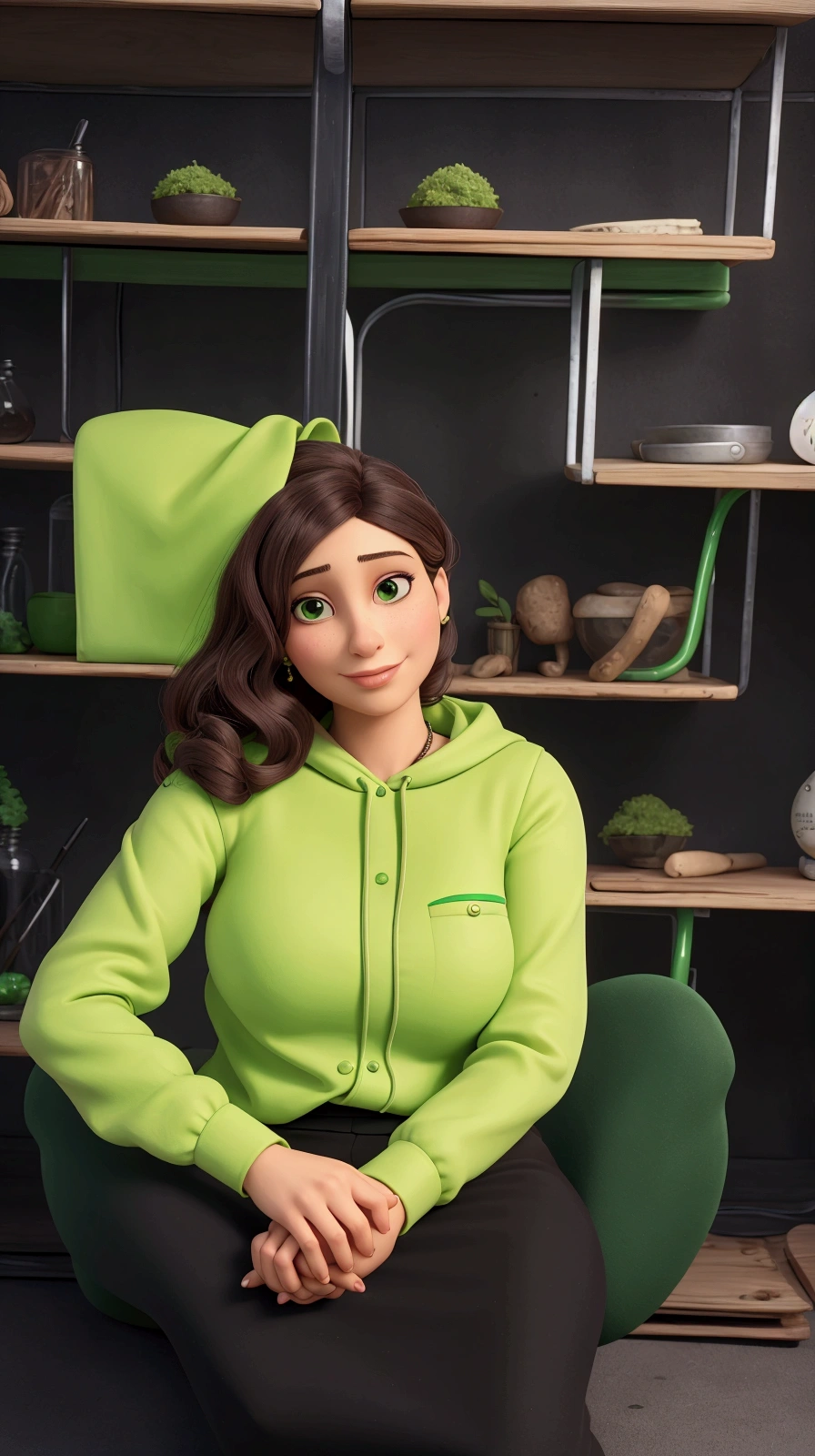 there is a woman sitting on a chair in a room, magnetic years, simona sbaffi is the captain, fernanda suarez, portrait of morana, glossy green, mina petrovic, green clothing, profile photo 1024px, greek ameera al taweel, portrait in the middle of the scene, some green, nodded, nft portrait