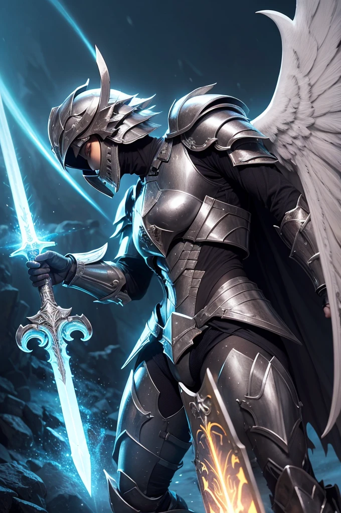 Ferocious monster Seraph with full armor and helmet, with divine sword and divine shield, with immortal power, Super strength, furtive.