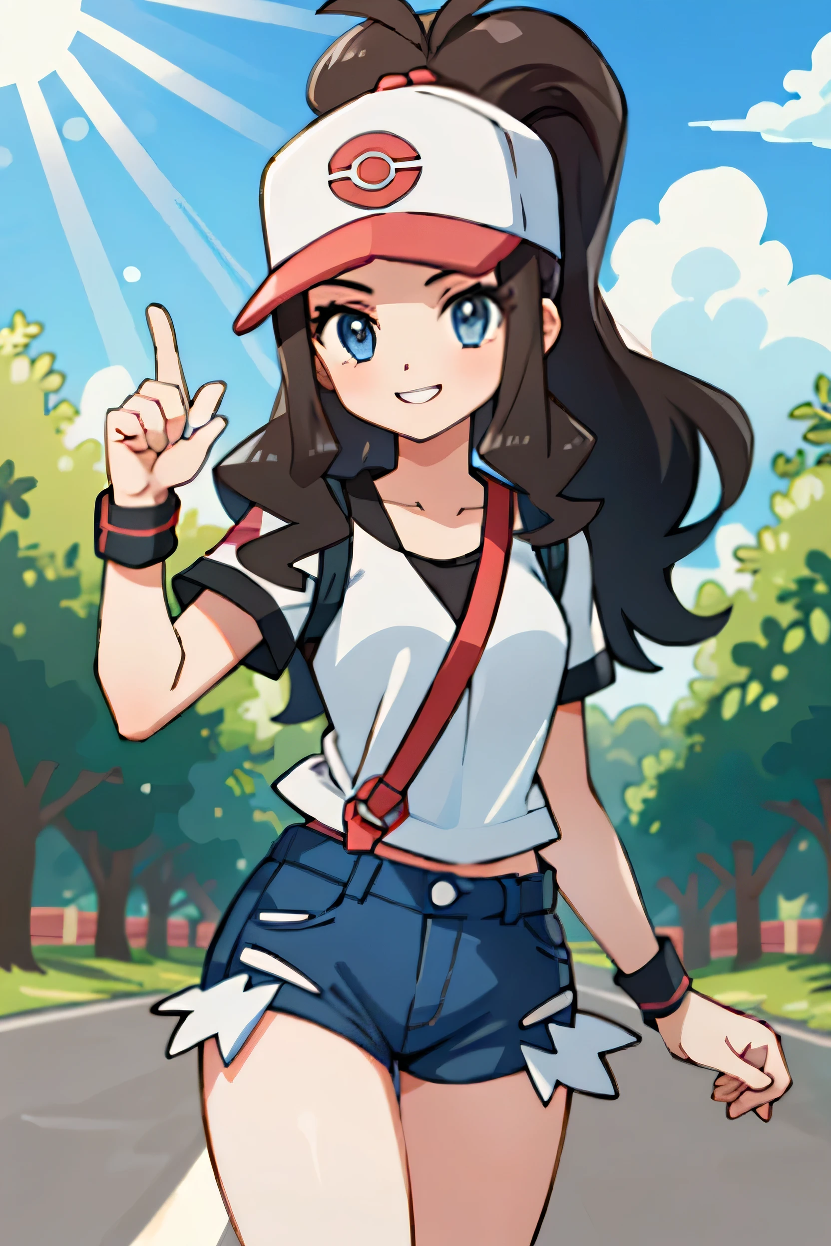 (masterpiece:1.3), (Highest quality:1.2), (Detailed Background:1.1), (Intricate details:1.1), One girl, Hilda Pokemon, Baseball cap, High Ponytail, Long Hair, blue eyes, Shorts, shirt, Best, Wristband, Outdoor, smile, sunlight, Have a Pokeball, 