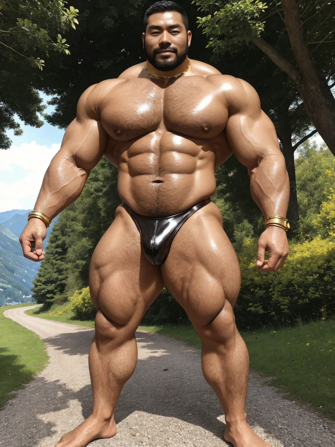 There is only one handsome Chinese man in the photo,35 years old,tall, Fitness,Smooth body,Smooth skin,No chest hair,short hair, O-Shaped Beard,Perfect body, Dark skin color,Radiant Skin,Smooth skin,Shiny, shiny skin,Smooth pectoral muscles,Muscle bulge, muscular, Very large pectoral muscles,Very sexy abdominal muscles,Very well-developed leg muscles,Huge concave and convex area,Brightens oily skin,Wearing a shiny gold leather thong,Handsome face,Normal human toes,Correct and accurate male body proportions,Gold Collar,Gold bracelet,Gold anklets,Standing in the Swiss landscape。