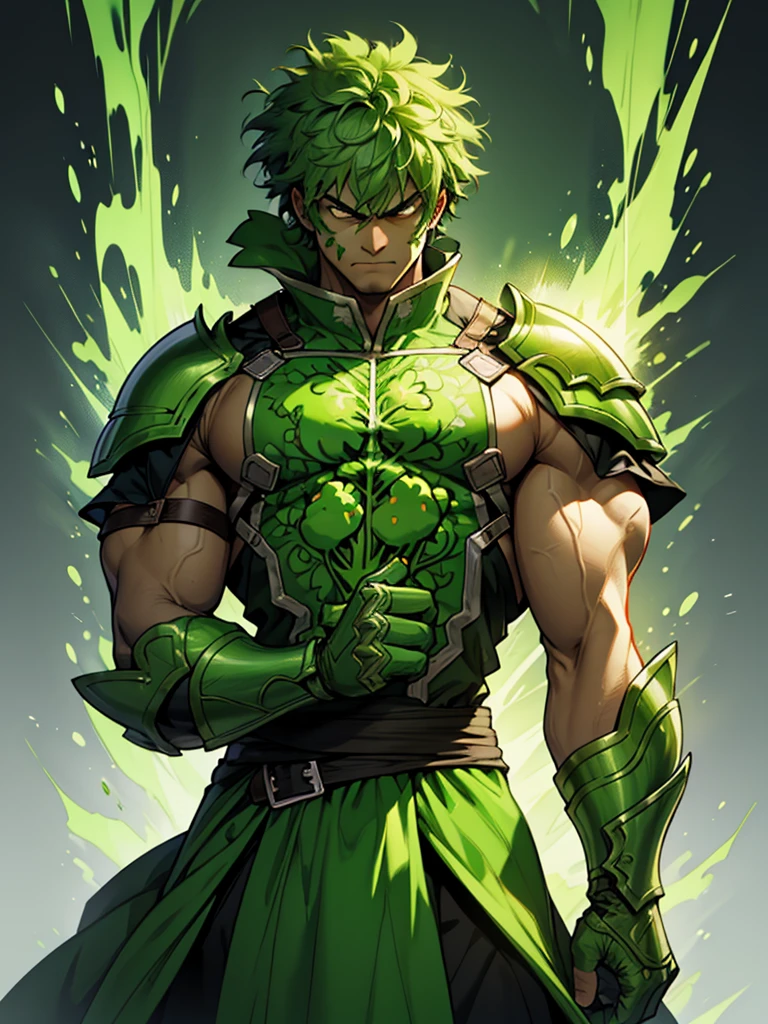 A man wrapped entirely in green broccoli,Skin color is green,Broccoli growing from head,The face is green,(Image of 1 person),cool,Holding broccoli,Broccoli Armor,Hero,A face full of anger,