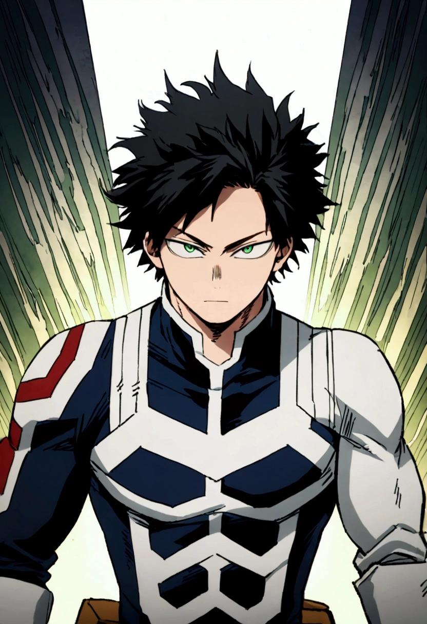  high image quality, He is a 17 year old teenager, He has slightly disheveled very black hair..., somewhat light green eyes, , muscular body , sexy face, He is dressed in the anime male uniform "my hero academia", detailed face, bright green eyes 