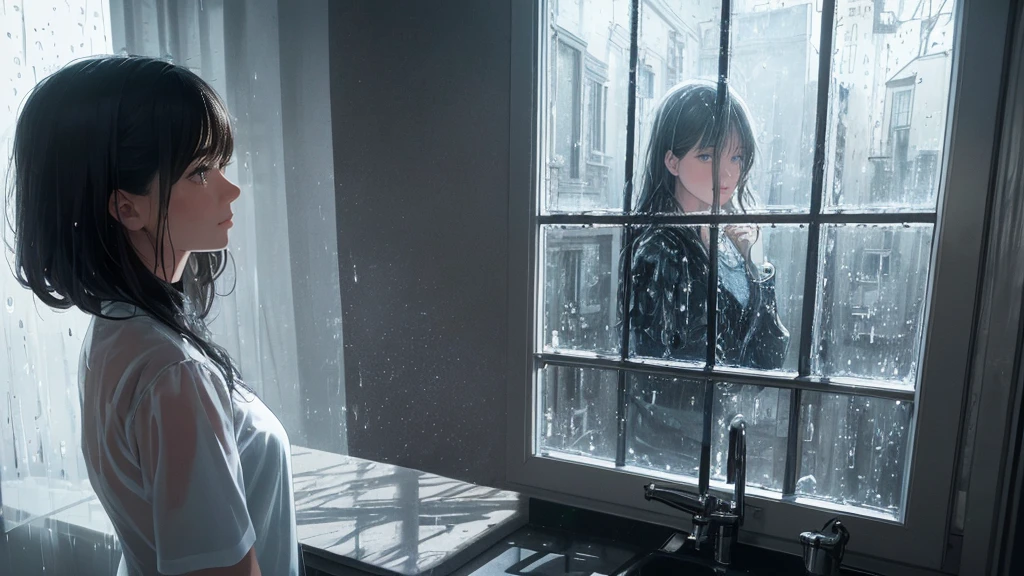 {best quality}, {very aesthetic}, {ultra-detailed}, {8k}, {Super elaborate face}, {Super-smart body}, Wet day, (A woman looking out the window indoors,Behind the scenes), An ennui atmosphere, Super fine hair, flat chest, 1girl, Rain outside the window, back view,