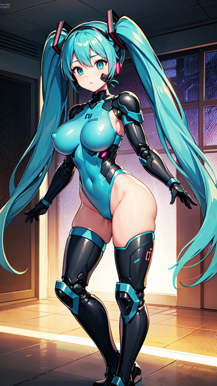 One girl, alone, (hatsune miku), Big Breasts, Aqua Hair, Aqua Eye, Twin tails, Heavy Cybernetic Boots, Heavy Cybernetic Gauntlets, Heavy Cybernetic Leotard, High heels, (Heavy cybernetic visor:1.1), cybernetic face mask, Cybernetic Armor Plating, Machinery Parts, Decided, Glowing neon, Thruster, Armored cooling vents, Android, sf, motorcycle, Mobile Suit, good_face:0.8