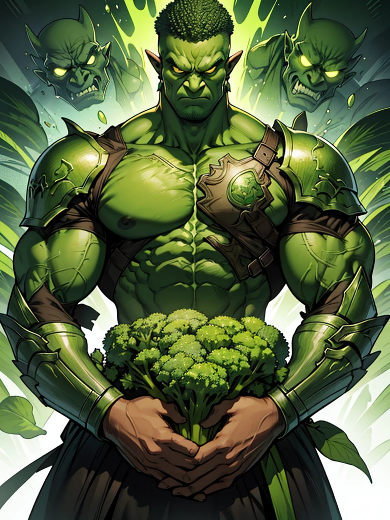 A man wrapped entirely in green broccoli,Skin color is green,Broccoli growing from head,The face is green,(Image of 1 person),cool,Holding broccoli,Broccoli Armor,Hero,A face full of anger,Muscular Orc,