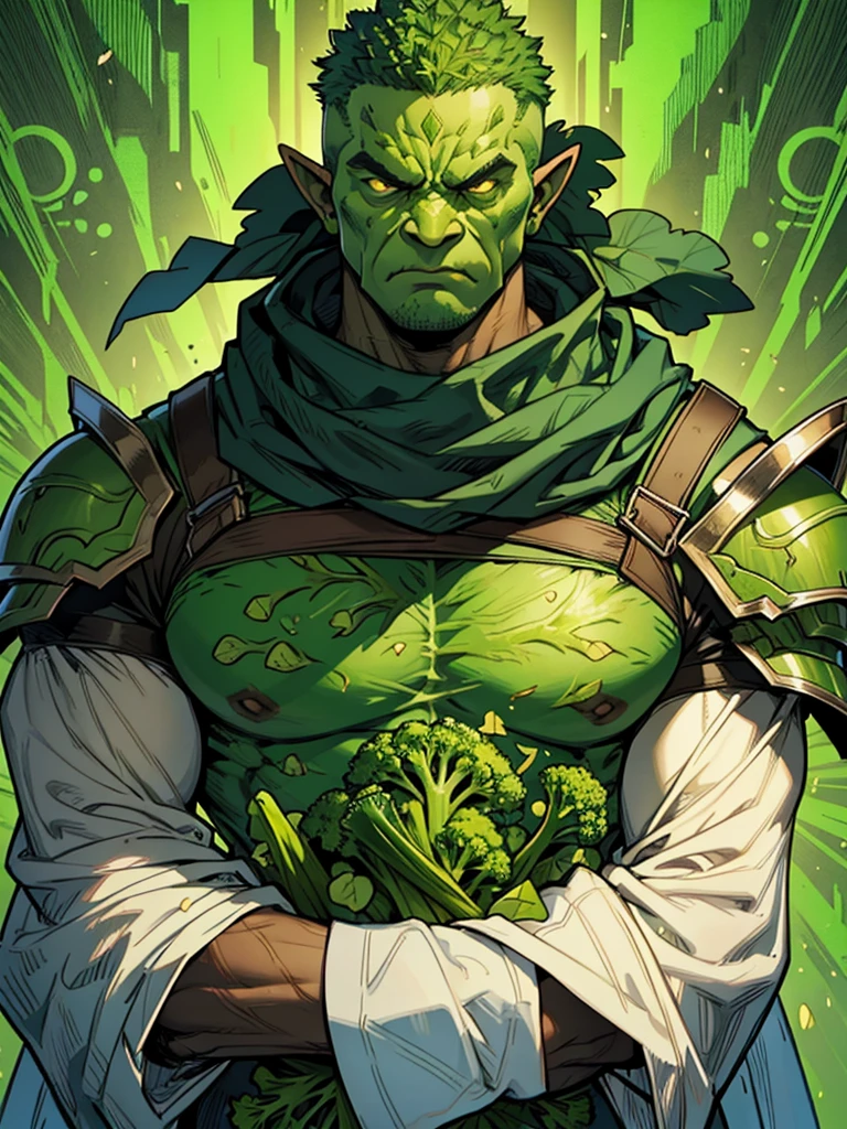 A man wrapped entirely in green broccoli,Skin color is green,Broccoli growing from head,The face is green,(Image of 1 person),cool,Holding broccoli,Broccoli Armor,Hero,A face full of anger,Muscular Orc,