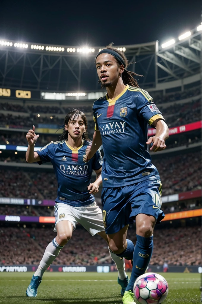 ronaldinho gaucho and messi playing football with a stadium full of fans and a rain of bitcoins invading the pitch