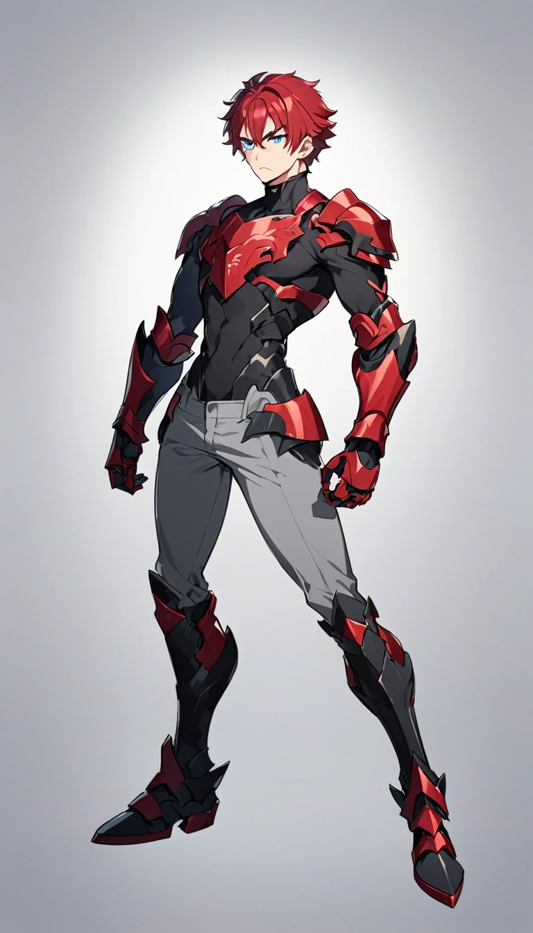 A anime man, short red hair, blue eyes, black t-shirt with armored details, gray pants with armored details, intimidate expression, black shoes, thin body, adult, standing, full body, slightly muscular body, red great gauntlets