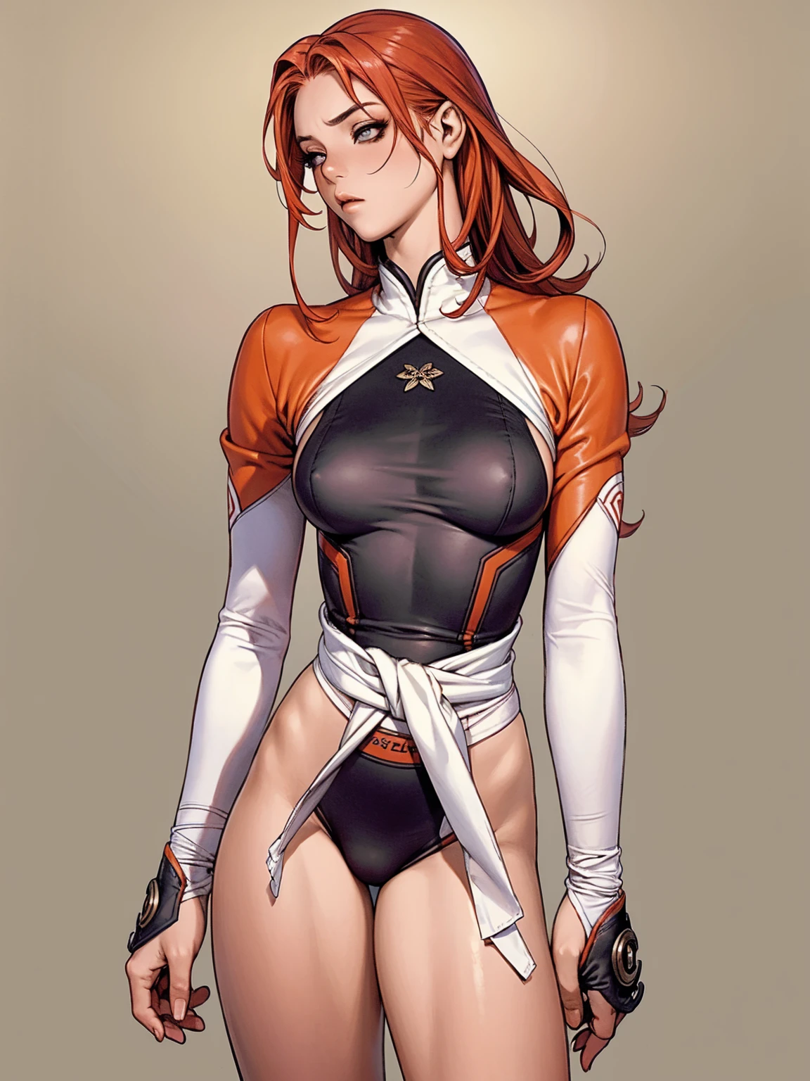 (((MMA fighter))), ((( red shorts ))), (((bandaged arms))), ((high collar)), (((Redhead or black)), (((micro shorts with vertical seams))), (((best qualityer: 1.4))), (Unbeatable masterpiece), (hiper HD),(CG 8k hyper-realistic), (((brave face))), (((breasts big))), (((hyper feminine))), (((musclegirl))), sexly girl, king of fighter,（curly hair)), ((( sculptural body ))), (((1 Kizi))), Kizi de 25 anos com perfectbody,,Beautiful and well-groomed face,muscular body:1.2,solid color detailed jacket, (Head to thigh photos), Complex equipment, green dark，long pants，Tight clothes are dark，With white stars and off-white stripes,,,,,Armor Metal Electronic Parts) INFO, Kizi, (((standing alone))), pirralha violent, (((14歳))), sexly, pose de atitude, work of art, post-apocalypse, (((manga style))), bounty hunter, violent, Manic, the way you want, slenderbody, thin but strong, perfectbody, roupa moderna, advanced technology, neon, sleeves with vertical striped pattern, neutral background, (( cowboy shot )). intricate visual