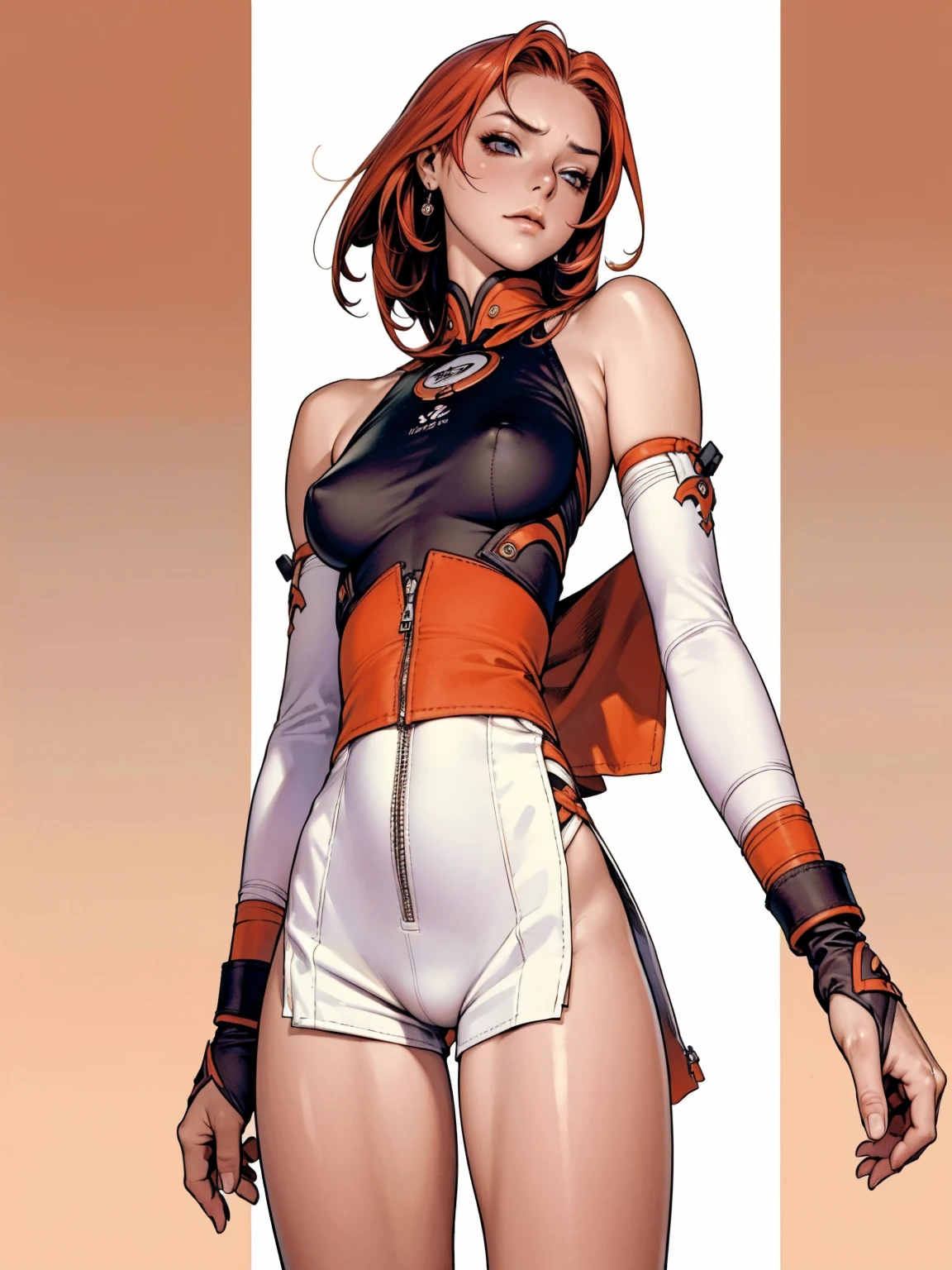 (((MMA fighter))), ((( red shorts ))), (((bandaged arms))), ((high collar)), (((Redhead or black)), (((micro shorts with vertical seams))), (((best qualityer: 1.4))), (Unbeatable masterpiece), (hiper HD),(CG 8k hyper-realistic), (((brave face))), (((breasts big))), (((hyper feminine))), (((musclegirl))), sexly girl, king of fighter,(curly hair)), ((( sculptural body ))), (((1 Kizi))), Kizi de 25 anos com perfectbody,,Beautiful and well-groomed face,muscular body:1.2,solid color detailed jacket, (Head to thigh photos), Complex equipment, green dark,long pants,Tight clothes are dark,With white stars and off-white stripes,,,,,Armor Metal Electronic Parts) INFO, Kizi, (((standing alone))), pirralha violent, ((())), sexly, pose de atitude, work of art, post-apocalypse, (((manga style))), bounty hunter, violent, Manic, the way you want, slenderbody, thin but strong, perfectbody, roupa moderna, advanced technology, neon, sleeves with vertical striped pattern, neutral background, (( cowboy shot )). intricate visual