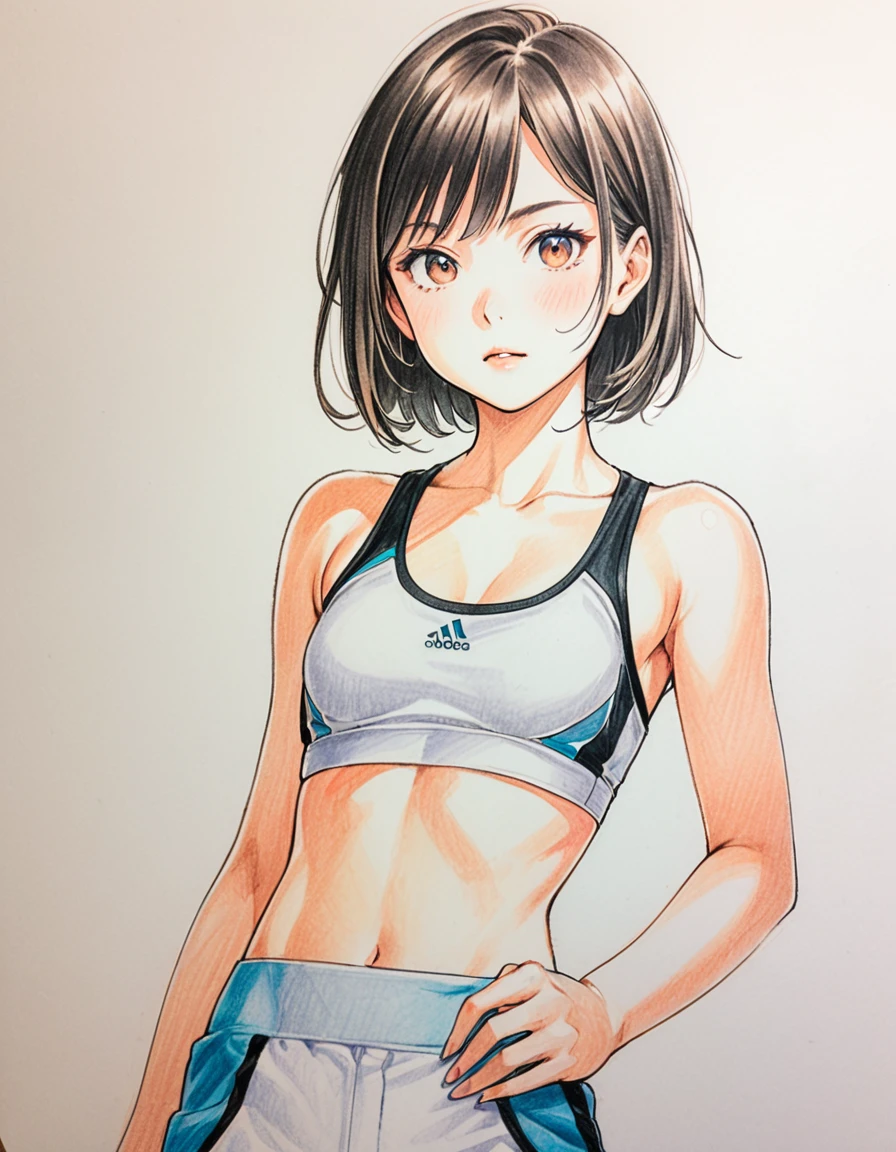 female, white, Art, ad, colour pencil drawing, draft drawing, illustration, sports bra, short pants, comic collage