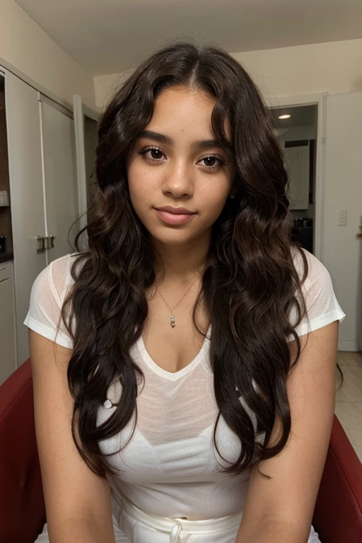 25 year old woman, Dominican nationality, Long and curly hair, Brown eyes
