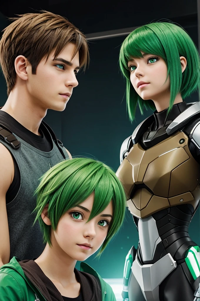 Create an image of a girl with short brown hair and a boy with green hair looking at artificial fuwgos in anime style 