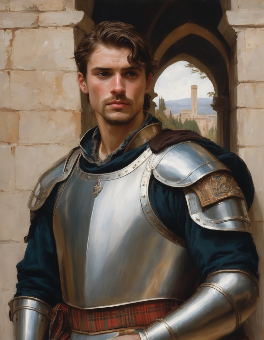 A masterpiece of realistic painting, reminiscent of Waterhouse's and Leyendecker's finest works. A half-body portrait of a young, frustrated knight, his lustful gaze cast against a column as he leans with sensual abandon. His hands cradle his crotch, showcasing his masculine power. Tired, pensive eyes betray the exhaustion of a layabout lifestyle, while disheveled locks frame his rugged features. Muscular physique is clad in plate armor adorned with tartan elements, exuding manly charm. A luxuriant moustache adds to his dashing demeanor against a Celtic-inspired background.