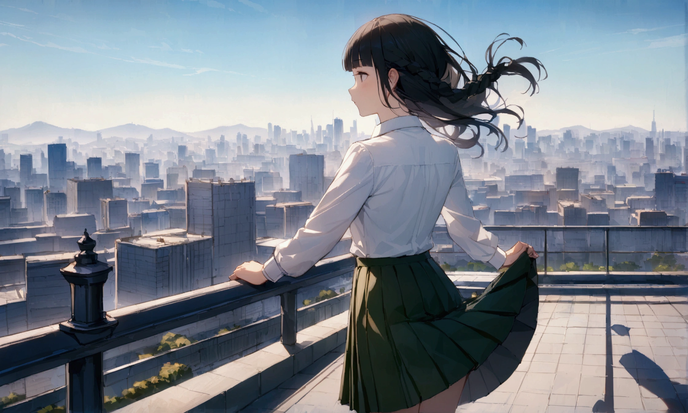 Black Hair、blunt bangs、White shirt、In 8K、Highest quality、masterpiece、Super detailed、Ultra-high resolution、((1 person))、With a girl、uniform、Braided hair、compensate、Pleated skirt、Strong winds、((((Flip up the skirt))))、City view