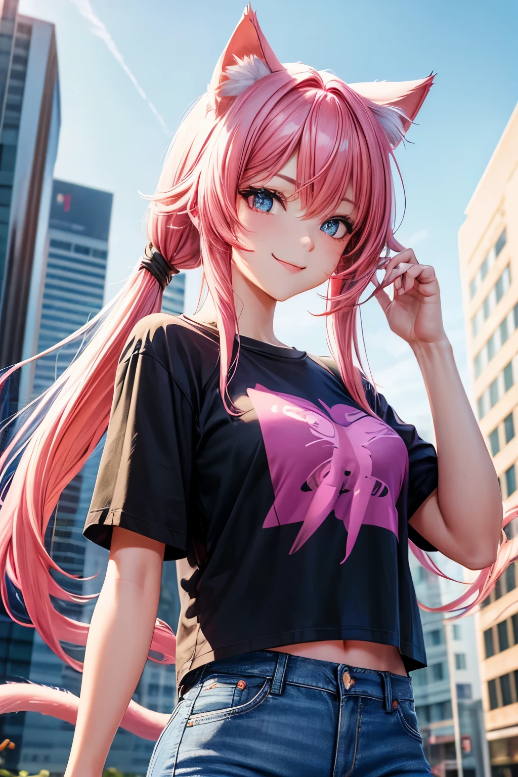 Top quality, High resolution, Perfect human structure, Cat ears, Front view, Glossy hair, Pink hair, Twin-tail, Urban, Gradient eyes, Sleek bangs, Frontal angle, T-shirt, Jeans, Smile