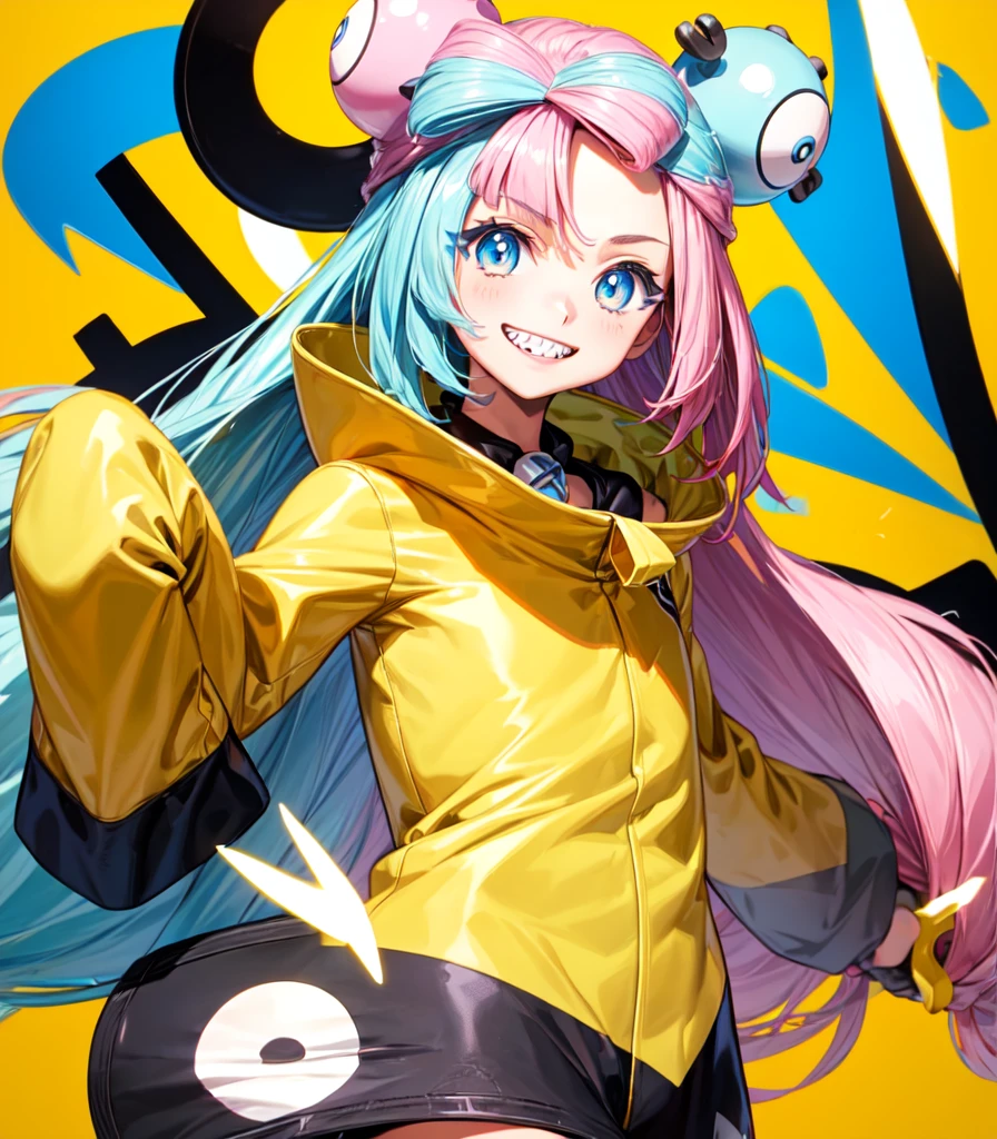 alone、(\(Pokemon\)、Highest quality、masterpiece、Anime Style、Pink hair and blue eyes、Yellow Jacket、smile、White Background,Nanjamo,No text