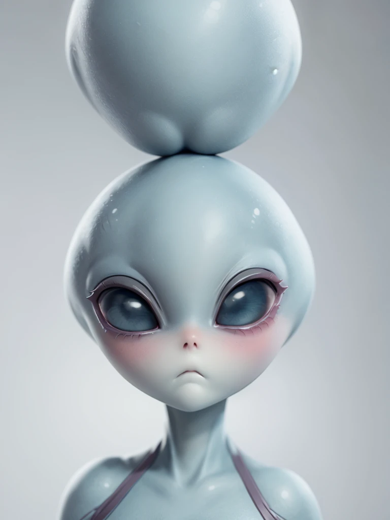 (((Masterpiece))), (high quality),(one alien girl:1.2), 15 years old,(innocent smile),5 heads,(Skinhead,Gray aliens,Large, dark, almond-shaped eyes,:1.2),(No hair, no whites, no ears:1.3),(Wearing a silver body-fitting suit:1.2),(Close-up of a blushing face,Place both hands on cheeks:1.5),Plain background,(from above:1.5)