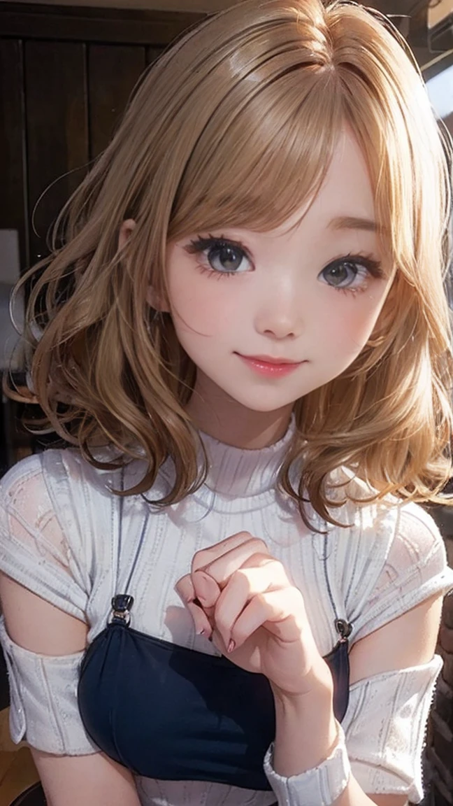 (A very cute 20 year old young woman from Japan.), ((Fine hair that is somewhere between brown and blonde)), ((Short hair with messy side waves)),Medium bust size､Small Tits､Flashy makeup using red eyeshadow， Precision by hand，(((Clean your hands)))，(Curly Hair)，(((A very kind smile))), (((she wears dark blue panties)))，(((She is wearing a white knitted dress))) ((Highest quality, 16K, Tabletop: 1.3)), Light on the face, Ultra detailed face, Highly detailed lips, Detailed eyes, City Street，Cleanse your thighs，Great Skin，