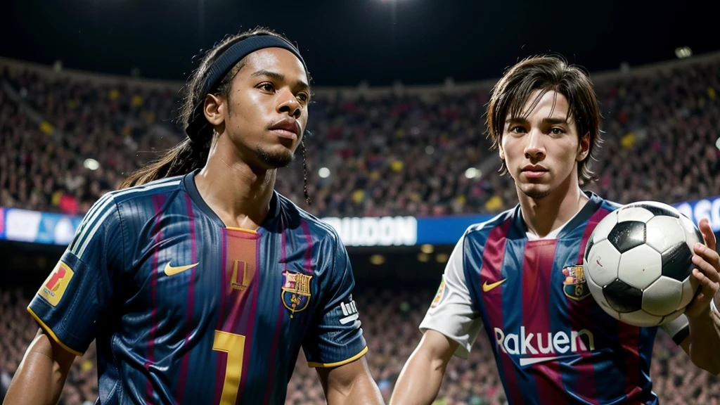 ronaldinho gaucho and messi playing football in barcelona with a stadium full of fans and a rain of bitcoins