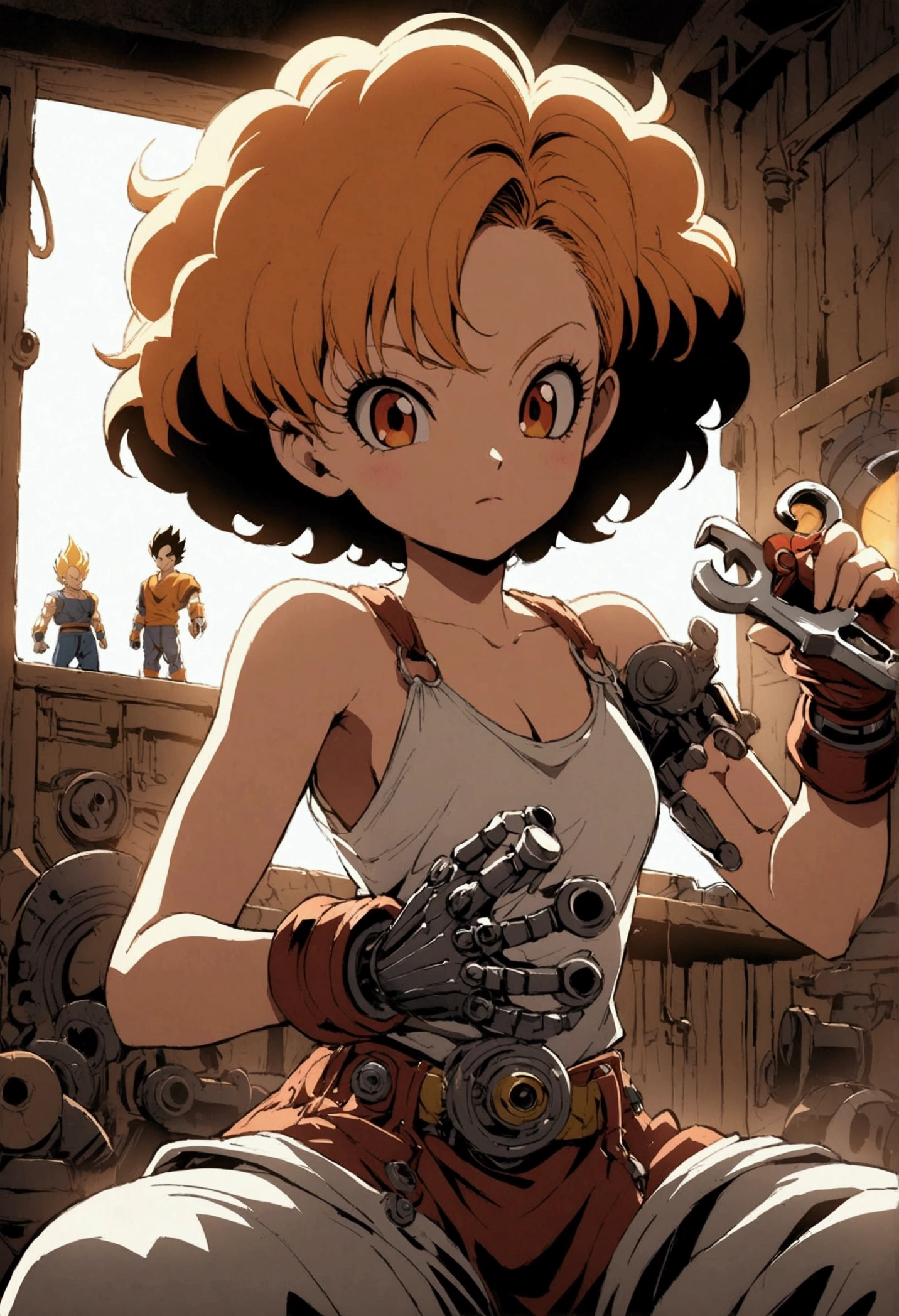 Anime-style illustration, Nami afro + android 18 teen girl dbz with gold fire oversized clothing, merging as a mechanic with robotic parts interspersed within his human form, dynamic pose wrench in hand, workshop background cluttered with machinery, oil stains, dimly lit with flickering fluorescent lights, high contrast shadows, vivid colors, intricate detailing of mechanical components, digital painting., Mysterious