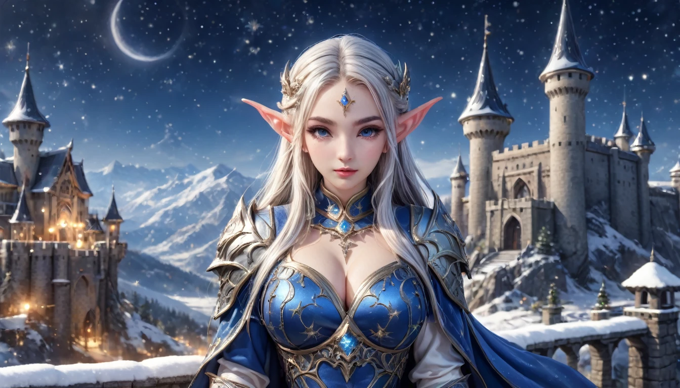 8K resolution, masterpiece, best quality, Award-winning works, unrealistic,  masterpiece, rest, best quality, Very detailed, Super real, 16K, high resolution, castle，snow, ((Starry Sky)),Female Elf Mage，Gorgeous armor，Complex Mode，Large Breasts，Pretty Face，Closed mouth，dramatic，Half-length photo，Glowing scepter
