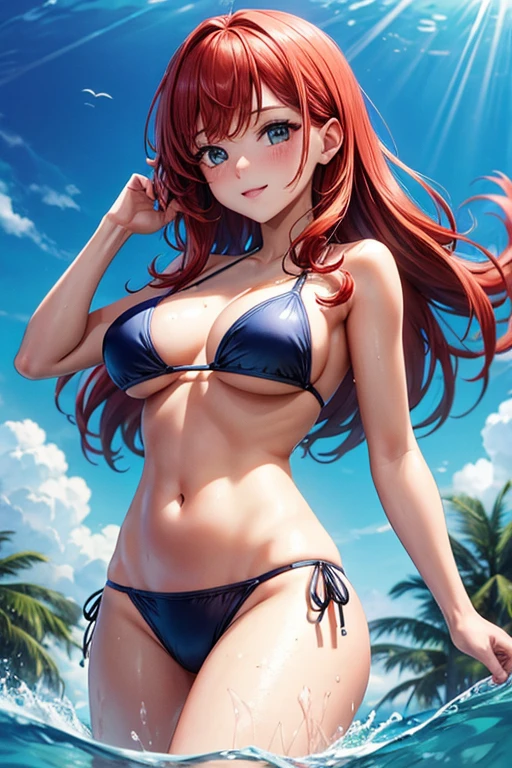 Make a busty redhead girl in a bikini submerged in the water swimming