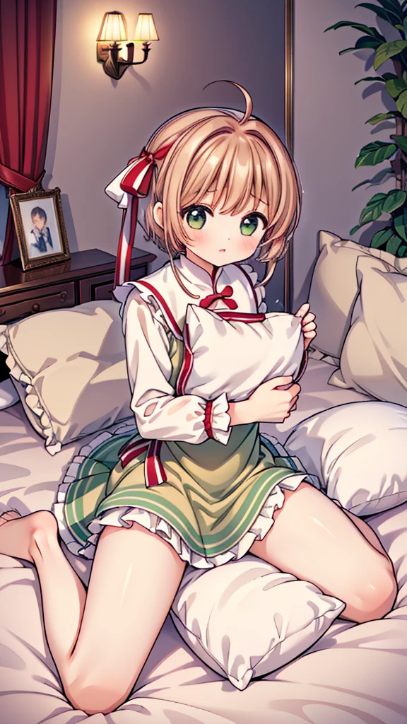 (masterpiece,best quality,best quality, masterpiece),Mine, , , (适合任何Pillow背景的光影)), 穿着公主裙的可爱女孩在Pillow上摆姿势 ,,,(很多Pillow),Soft cushion,,,,很多Pillow,,,(Pillow),(A tail),,(充满细节的Pillow),(Around the protagonist),steam,,(Pillow),(palace),(palace殿卧室),(Pillow),柔软的Pillow,,(Classical European style bedroom ),(excited,shy person,Lack of expressiveness,),,, ((Maximum resolution)), artwork, ,,,(Interior of the palace),,(Deluxe Rococo Canopy King Bed),Luxurious curtains with ornate ruffles and ribbons hang around the large bed.,((((床上堆满了许多Pillow)))),Quilt details,Detailed bed linen,Ruffled Bed Skirt,Deep Bed,Background with depth,((详细的Pillow)), ((((大量的Pillow)))),,,详细的软Pillow,,((女孩正躺在许多柔软的Pillow上,周围有许多Pillow)),。Many small feathers fluttering、 Long nightgown with ruffles and ribbons、In a huge, Large canopy bed、Soft pink sheets and quilt、色彩鲜艳的柔软Pillow、很多带褶边的Pillow和带褶边的床裙、Soft toned bed、Ruffled curtains around the bed.。Delicate face。Background with depth,Sakura Kinomoto,(Sakura Kinomoto, 1 Girl, Brown hair, short hair, Antenna hair, , Green Eyes),pillow hump,hump