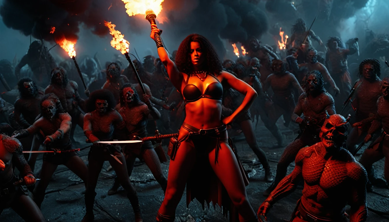 (3D rendering:3.1) in (medium full shot:3.1) in (high-angle aerial view:3.1) of lot of characters from a movie for slave girls from beyond infinity, inspired by Clyde Caldwell and Greg Rutkowski art, barbarian warriors with sword in battles against space creatures, monsters, daemons, aliens, mutant, with explosions, smoke and fire, (with Creepy, Sci-Fi, Fantasy and Horror:2.9) retro sci fi, Horror movie, very detailed body, moody, epic, ((Cinematic film)), ((Ultra Detailed)), Complex, ((Sharp Focus)), Object Texture, Studio Photo, Complex Details, ((Highly Detailed)), Photo Real Style, ((Hyper-realistic)), High Dynamic Range, ((Realistic Textures)), 8K UHD, Nikon D 850, Kodak Portra 400, Fujifilm XT, rich colors, (3D rendering:3.1)