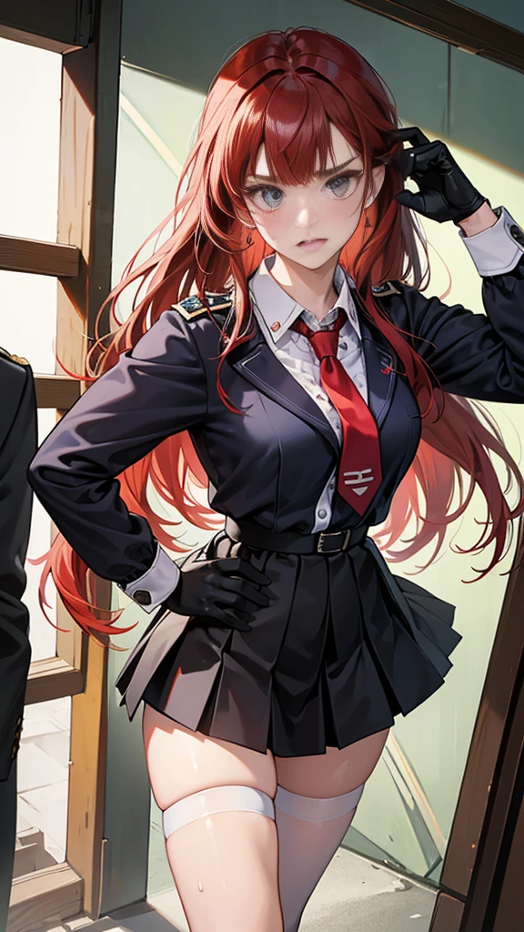 {{masterpiece}}, {{{Highest quality}}},{{Very detailed}}, {{figure}},{{tall}},{{Adult female}},,{{Fighting stance}},｛Ryona｝,{{Long sleeve mini skirt uniform}},{{Abuse power and lose}},}}{defensive posture}},{fighting stance}},{Jumping},{Malaise}, ,{{distress}},{{Eyelet foot}},,{{}},{{}},,{{}},{{}},,Slender body}}{{Avoidance}}{{Female police officer}},,,,suspenders　,Long sleeve mini skirt uniform, White High Socks,Black fingerless gloves, Long Red Hair, Red tie,Straight hair ,Blunt bangs,Thigh holster,.amountn loafer,,blush,Wrinkles ,amount,Grit your teeth,suffering,v-shaped eyeamounts.,Sweat dripping,Medium chest ,get annoyed,,Slums,,Twisting,