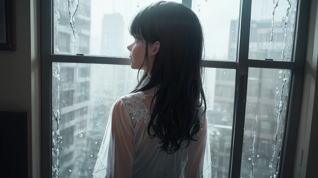 {best quality}, {very aesthetic}, {ultra-detailed}, {8k}, {Super elaborate face}, {Super-smart body},　Wet day, (A woman looking out the window indoors,Behind the scenes), An ennui atmosphere,　Super fine hair, flat chest, 1girl,　Rain outside the window,　back view,