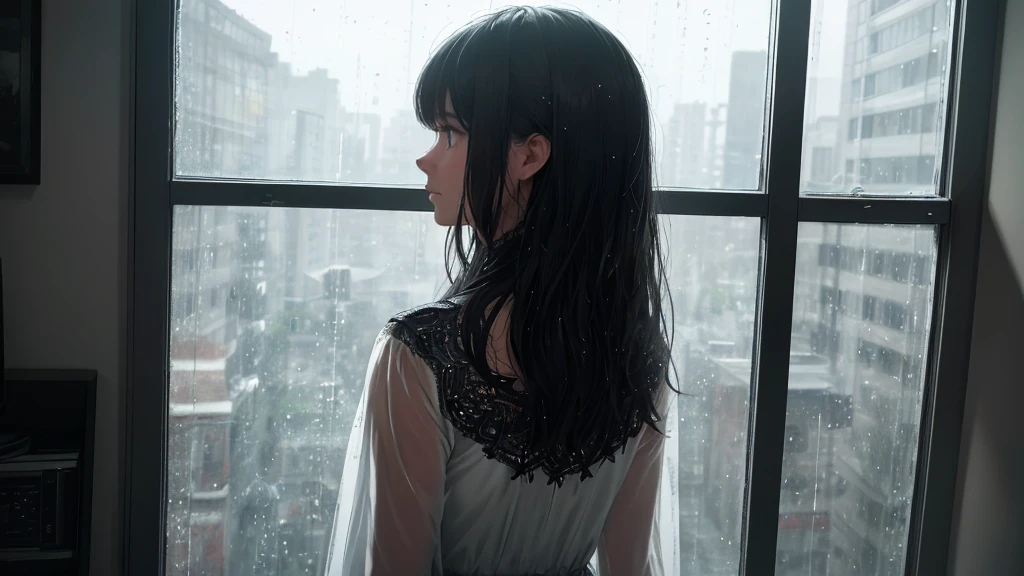 {best quality}, {very aesthetic}, {ultra-detailed}, {8k}, {Super elaborate face}, {Super-smart body},　Wet day, (A woman looking out the window indoors,Behind the scenes), An ennui atmosphere,　Super fine hair, flat chest, 1girl,　Rain outside the window,　back view,