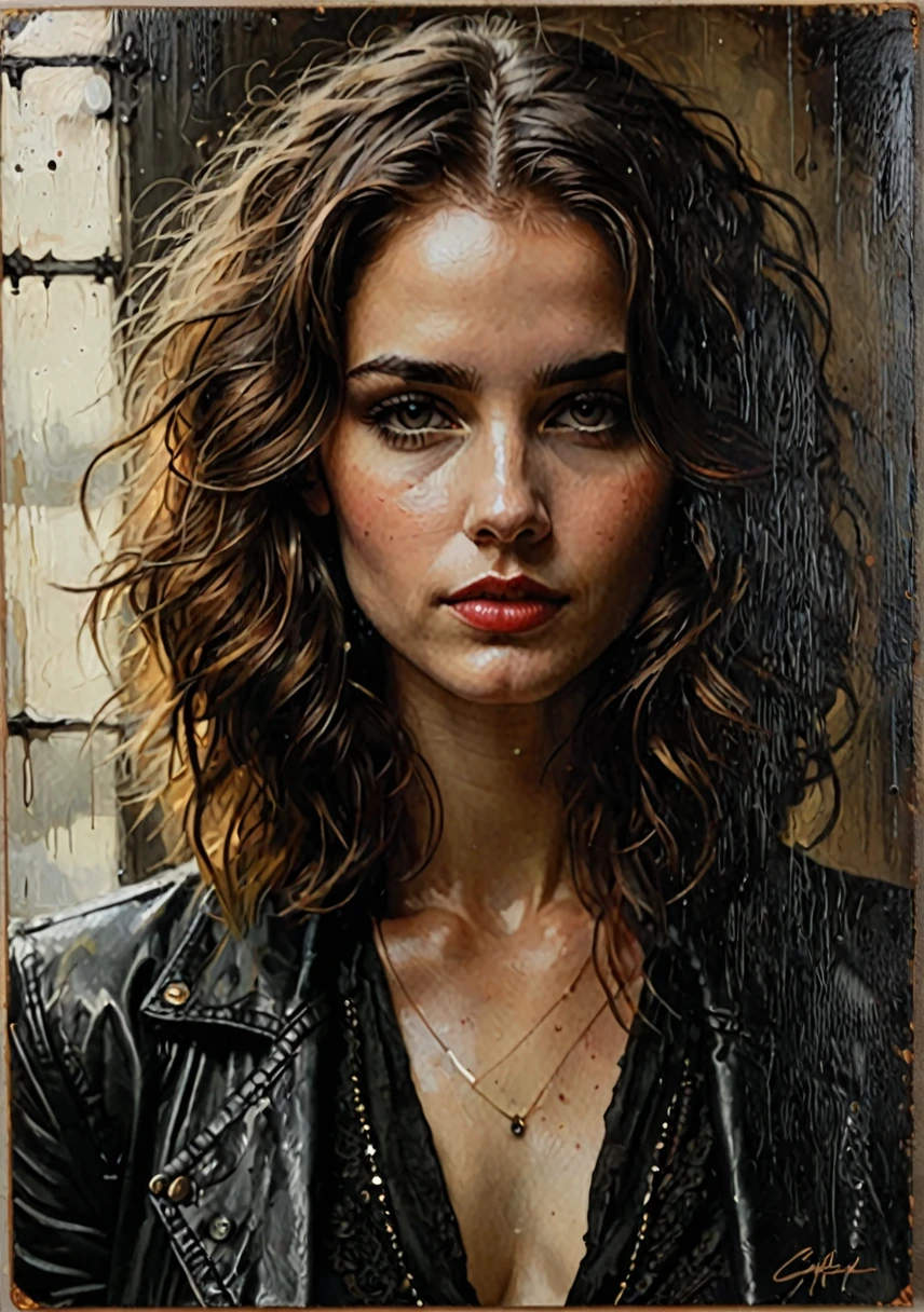 Not Casey Baugh's evocative style, art of a beautiful young cyborg girl with long brown hair, futurist, Science fiction, Intricate, chic, highy detailed, majestic, Baugh's brushwork infuses the painting with a unique combination of realism and abstraction., Greg Rutkowski, surreal gold filigree, vidro quebrado, (work of art, side lighting, beautiful finely detailed eyes: 1.2), HDR, lifelike painting, skin natural, texturized skin, cloused mouth, crystal eyes, butterfly filigree, chest armor, eye make up, robot joints, long hair moved by the wind, window facing another world, Baugh's distinctive style captures the essence of the girl's enigmatic nature, inviting viewers to explore the depths of their soul, award-winning art