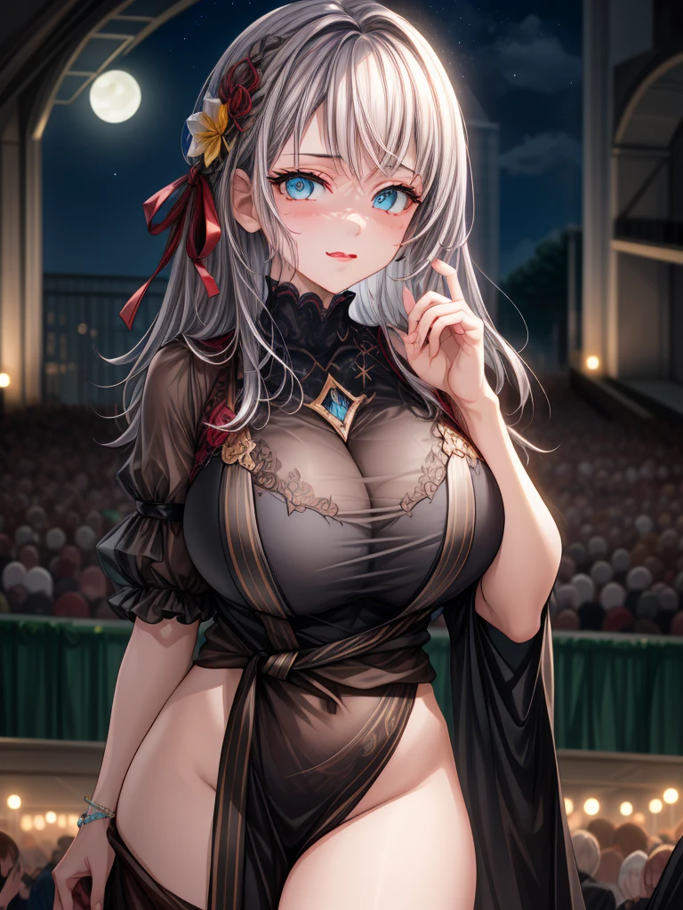 Alisa Kujou,
(night:1.7), 1 girl standing at attention, 22 years old,young woman,beautiful Finger, beautiful long legs ,beautiful body ,beautiful Nose ,beautiful character design, Perfect Eyes, perfect face,
There's an anime girl., 1 girl, Thighs, alone, (Very short skirt:1.4), blue eyes, old, Black Dress ,elegant , Long socks (Short dress) , Neckline, bow, Hands on hips, blush, black Thighs, bowtie, internal, 茶colorのshoes, The Great Passage, Moccasins, shoes, large old, Looking at the audience , (Curvy butt),Take half the distance, Close-up shot with mouth open, Thighs,
Looking at the audience, 笑face, Greetings to the audience, Center the image, Highly detailed CG Unity 8k wallpaper, Perfect lighting,flashy, bright_amount_face_Light Nastar Piece:1.0),(Better_quality:1.0), ultra High resolution,4K,Super detailed,
photograph, 8k, High resolution, High resolution, Absurd:1.2, Coda's portrait, Film Grain, Blurred Background, Bokeh:1.2, Lens flare, (Vibrant_color:1.2)
, (beautiful_face:1.5),(narrow_Waist), (beautiful,Huge_old:1.3)