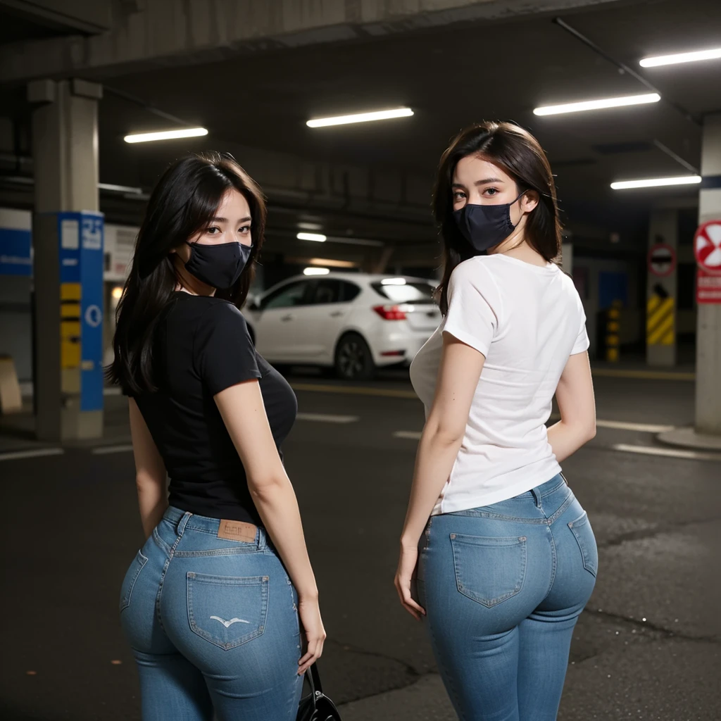 Beautiful woman in skinny jeans,tee shirt,Plump buttocks,The back is charming,wearing face mask,In the underground garage