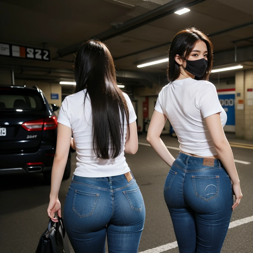 Beautiful woman in skinny jeans，tee shirt，Plump buttocks，The back is charming，wearing face mask，In the underground garage