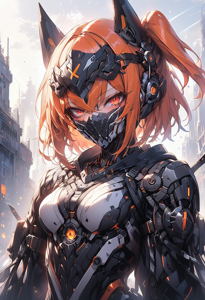 ((masterpiece,High resolution,Highest quality,8k))
(Misty_Pokemon)(One 18-year-old woman)
(short hair,Orange Hair,one side up hair,Small breasts,Skinny)(Female Robot,60% mechanical body,mechanical helmet,Blindfold helmet)
(Orange image color)