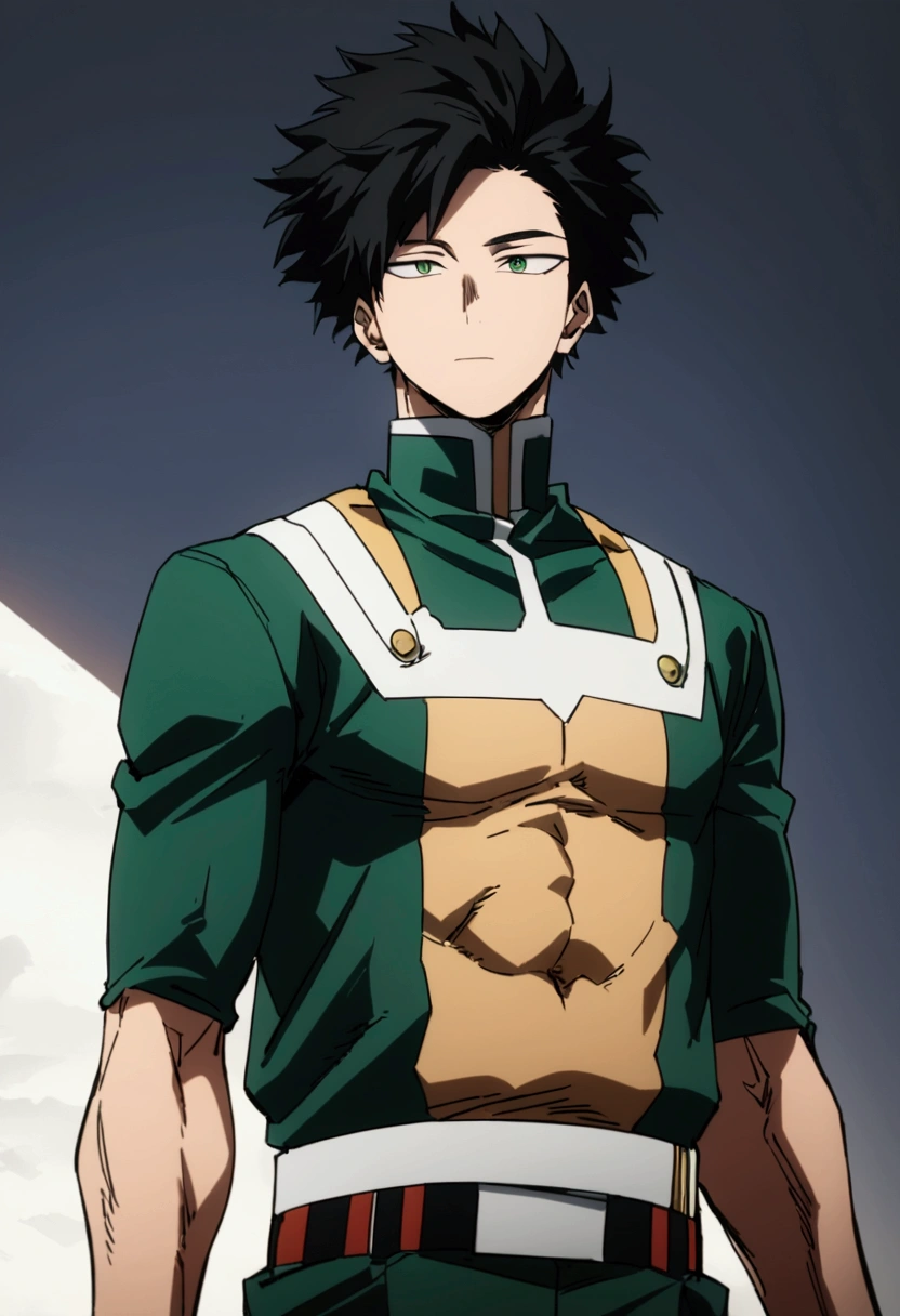  high image quality, He is a 17 year old teenager, He has slightly disheveled very black hair..., somewhat light green eyes, , muscular body , nice face , attractive, He is dressed in the anime male uniform "my hero academia", detailed face, bright green eyes 